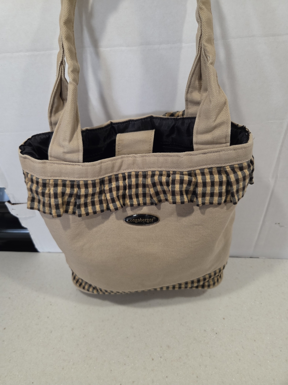 Longaberger Beige Tote with Black and Tan Gingham Ruffle Trim
